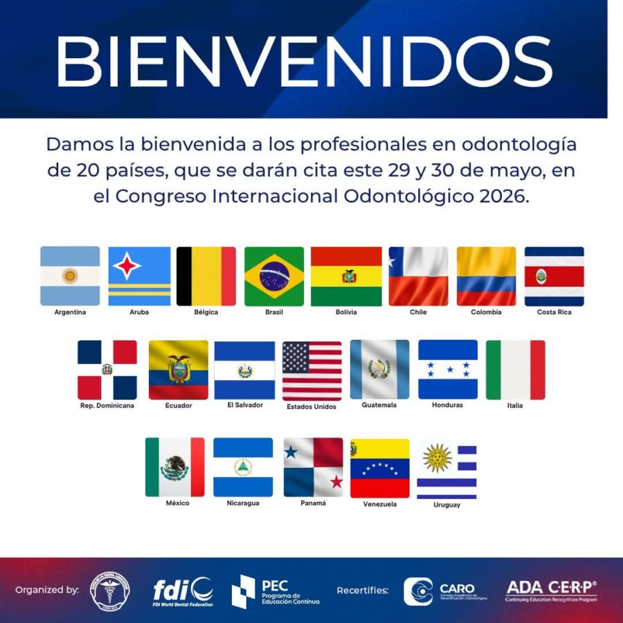 Imagen oficial del Congreso Internacional Odontológico Costa Rica 2026 que presenta las banderas de los 20 países participantes en el evento realizado el 29 y 30 de mayo.
