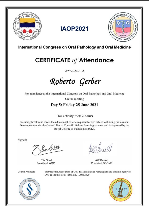 Certificado de asistencia del Dr. Roberto Gerber al Congreso Internacional de Patología y Medicina Oral IAOP 2021