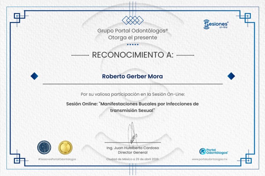 Reconocimiento otorgado al Dr. Roberto Gerber Mora por su conferencia sobre manifestaciones bucales de infecciones de transmisión sexual, Portal Odontólogos, México, 2026.